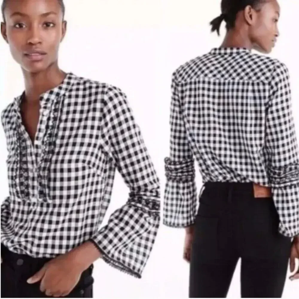 J. Crew Gingham Embroidered Bell Sleeve Popover